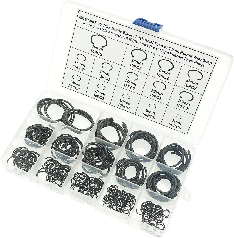 300PCS Metric 7-30mm Round Wire C-Clips Internal Snap Rings Assortment Kit for Hole Black-Finish Steel