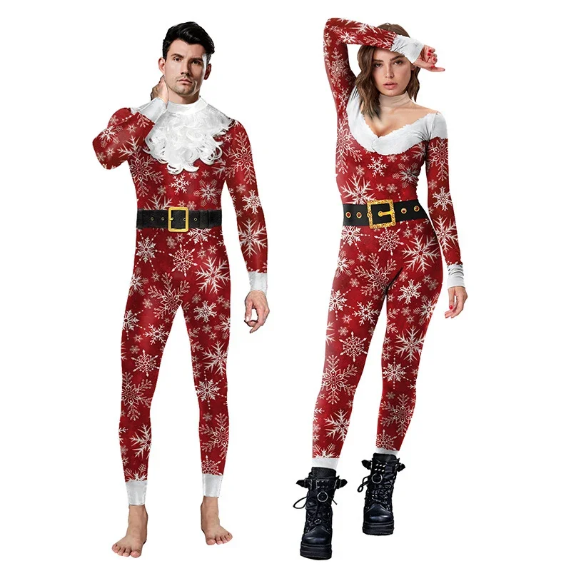 Erwachsene Cosplay Weihnachtskostüme Outfits Schneeflockendruck Paar Maskerade Performance Bodysuit Ausgefallenes Partykleid Overalls