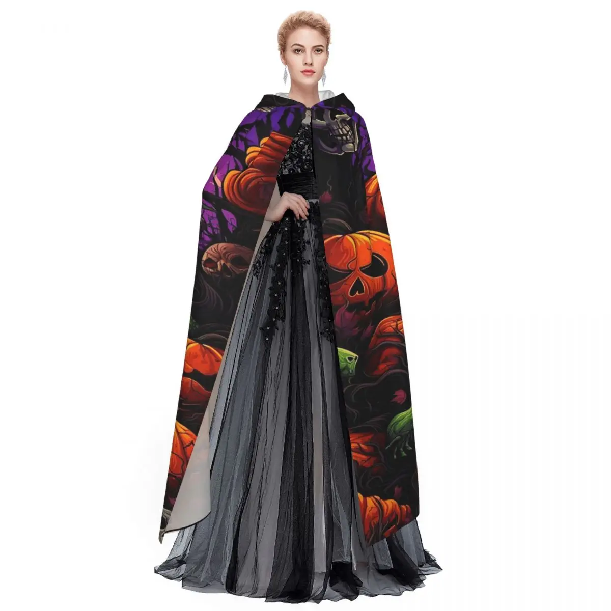 할로윈 해골과 십자뼈와 호박 긴 후드 망토 마녀 중세 의상 코스프레 케이프 할로윈 파티 성인 유니섹스