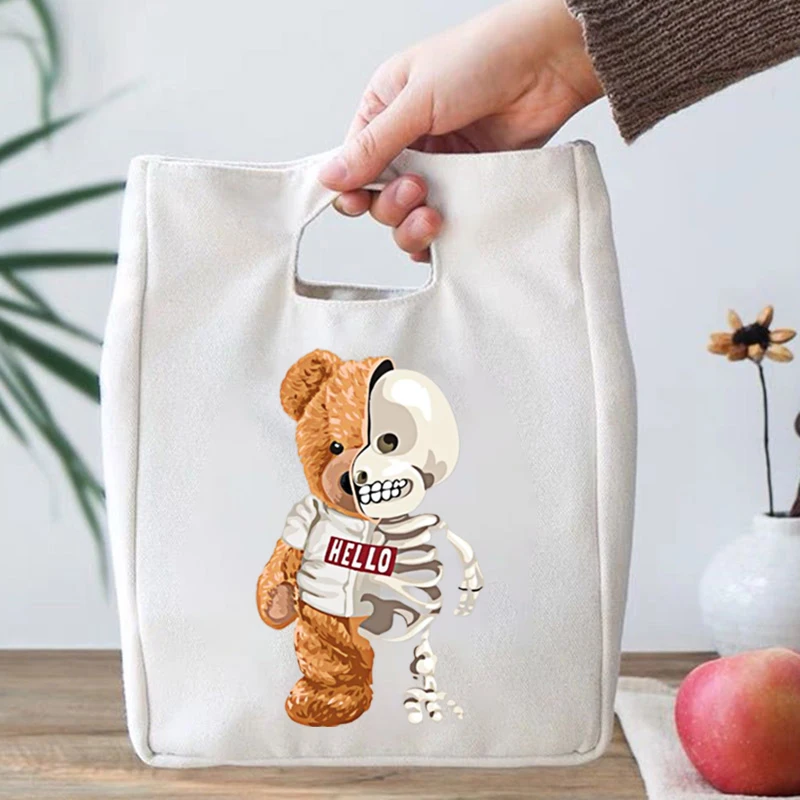 Teddy Bear Printing Lunch Bags Women Men Portable Insulated Tote Bags Selfie Bear Graphics Thermal Foods Eco Kids Lunch Bags