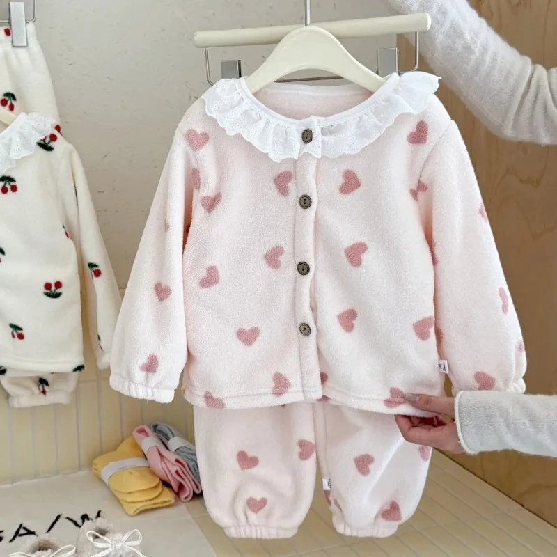 Kids Coral Fleece Pajama Set Cute Cherry Heart Cow Print Loungewear Lace Ruffle Collar Toddler Winter Warm 2Pcs Home Sleepwear