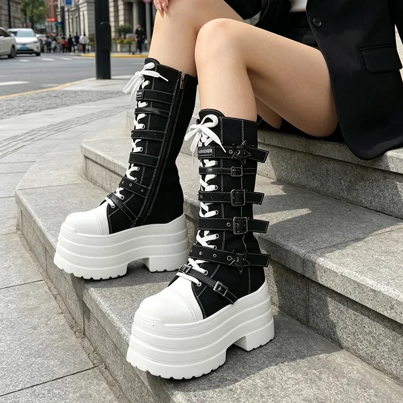 12CM Original Subkultur Plateau-Stiefel 2026 Frühling Herbst Japanische Y2k Punk Dark Girls Canvas Schuhe Damen Pumps – Detail 17
