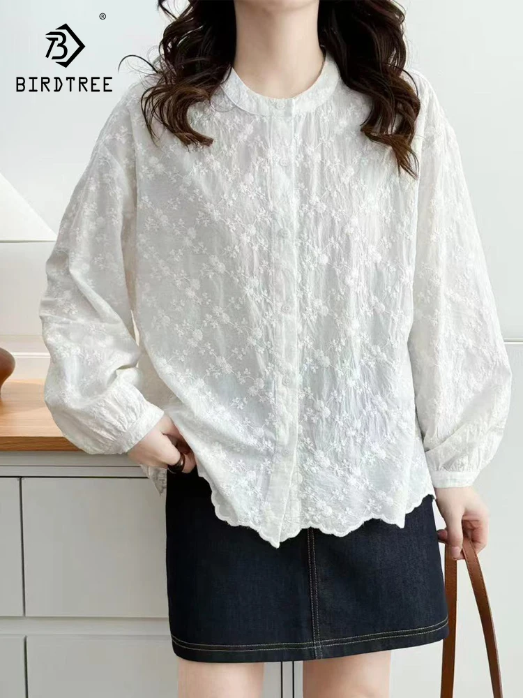 

Новая женская хлопковая рубашка с длинным рукавом на весну 2026 года, с вышивкой на круглом вырезе, в стиле Mori Girl, универсальная повседневная свободная блузка INS T63923CC