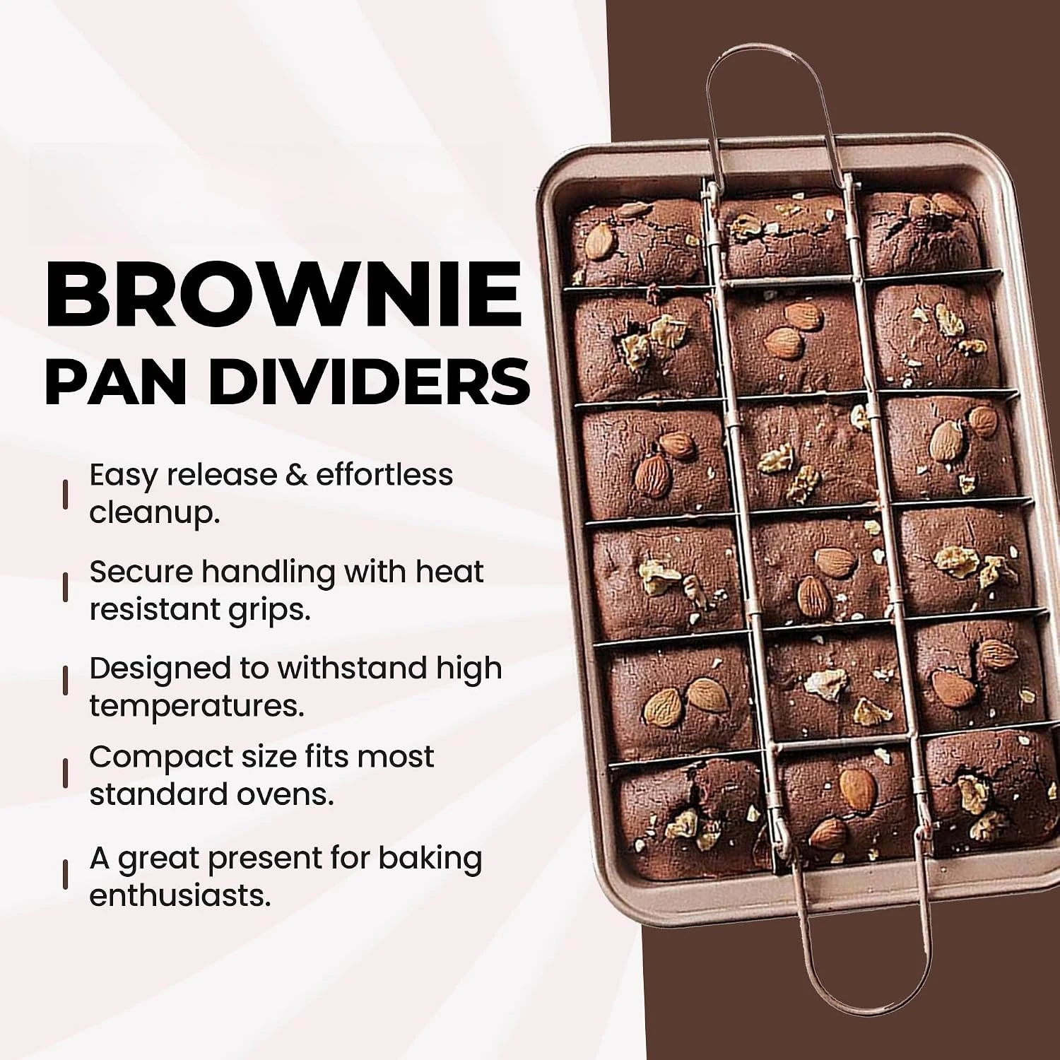 Brownie Pan with Dividers,Non Stick Carbon Steel Bakeware Tray with Grip for Oven Baking,18 Pre-Cut Square Molds for Brownies