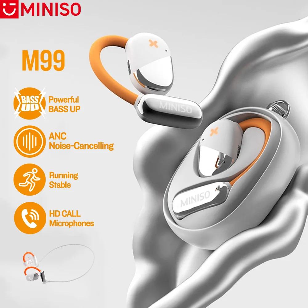 MINISO M99 Open Earphone Bluetooth 5.4 ANC Noise-Cancelling Sport Wireless Headphones IPX5 Waterproof Orange Glowing Earbuds