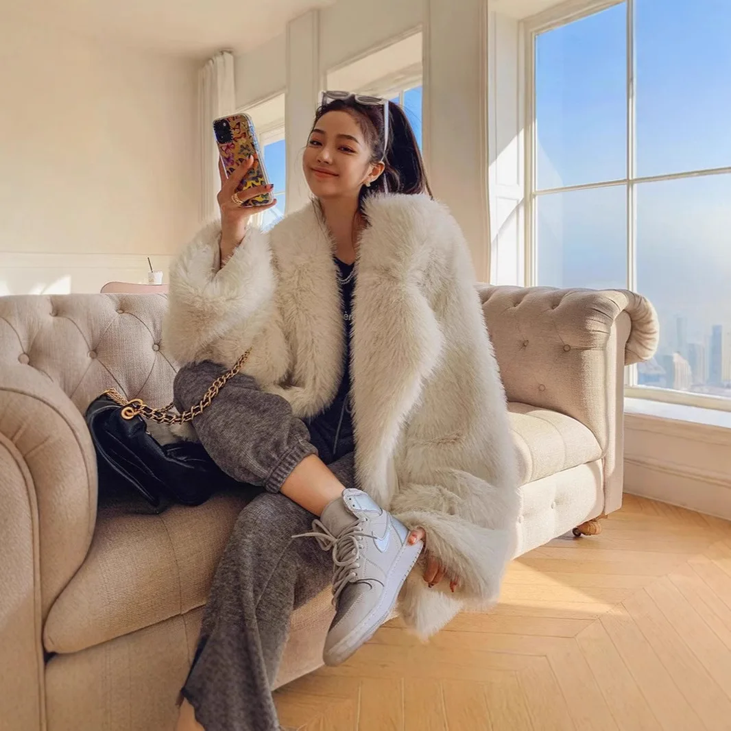 Women Faux Fur Coats Jackets Turn Down Collar Mid Length Coat Thick Warm Y2k Streetwear Jacket Elegant Work Casual Autumn Winter
