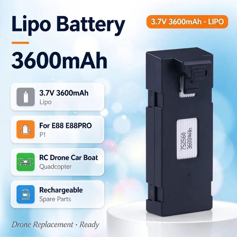 752560 3.7V 3600mAh Lipo Battery Pack for E88 E88PRO P1 RC Drone Quadcopter Car Boat Rechargeable High Capacity Parts