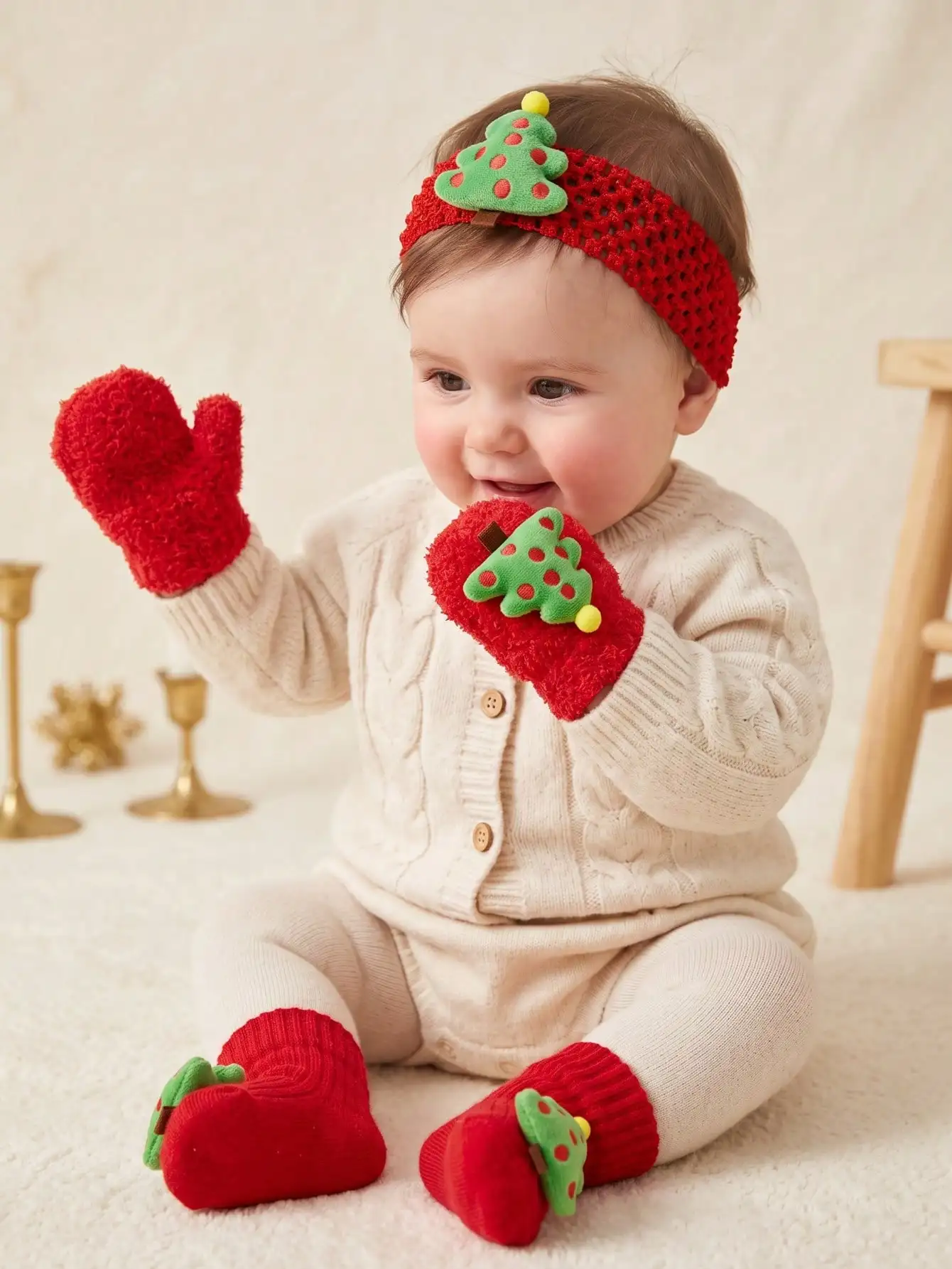 3pcs 3-12M Cute Baby Kids Christmas Tree Socks & Headband & Gloves Set, Lovely Holiday Gift Kit