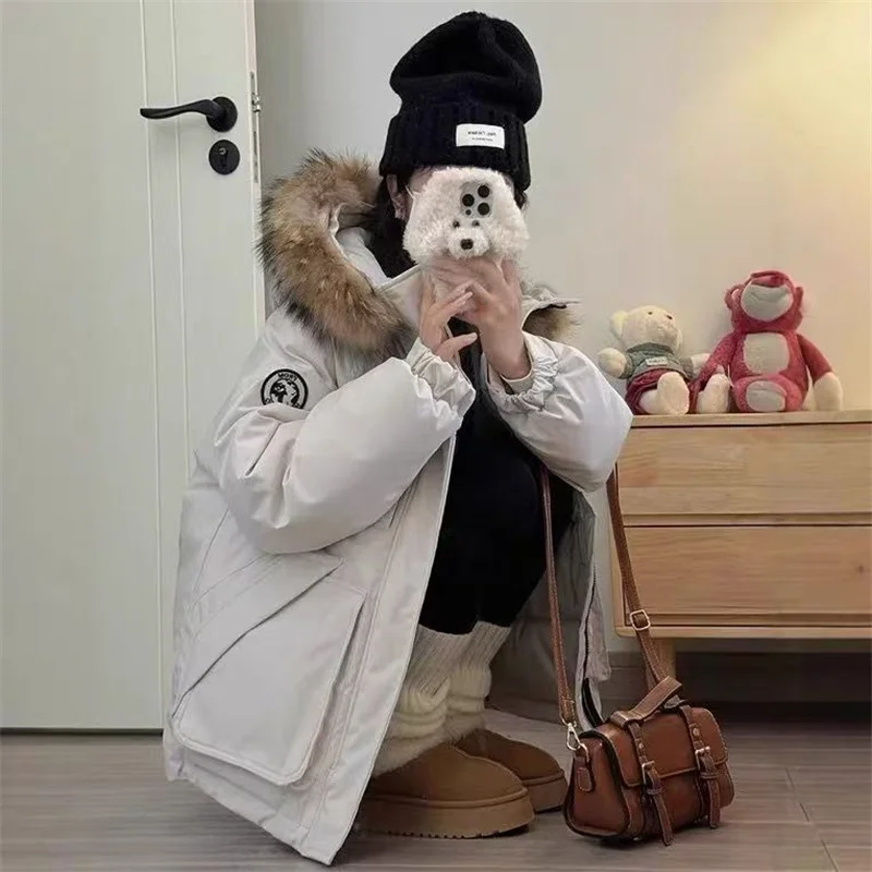 American Tooling School Overcomes Cotton-padded Jacket New Fashion Women's Big Wool Collar Hooded Fashion Coat In Winter Of 2024