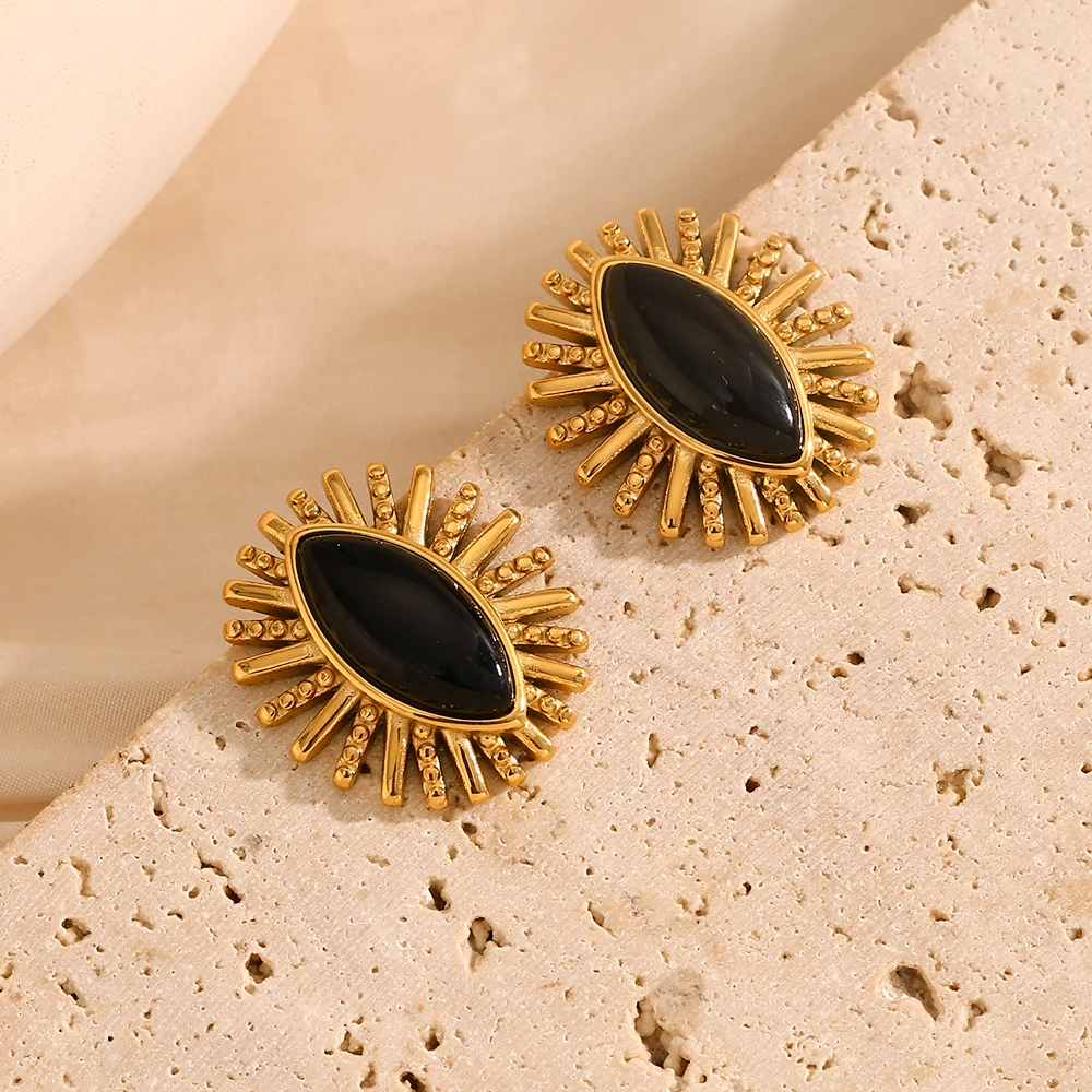 E.B.belle Black Agate Eye Earring Natural Stone Stainless Steel 18k Gold Fashion Jewelry For Women Party High Quality Charm