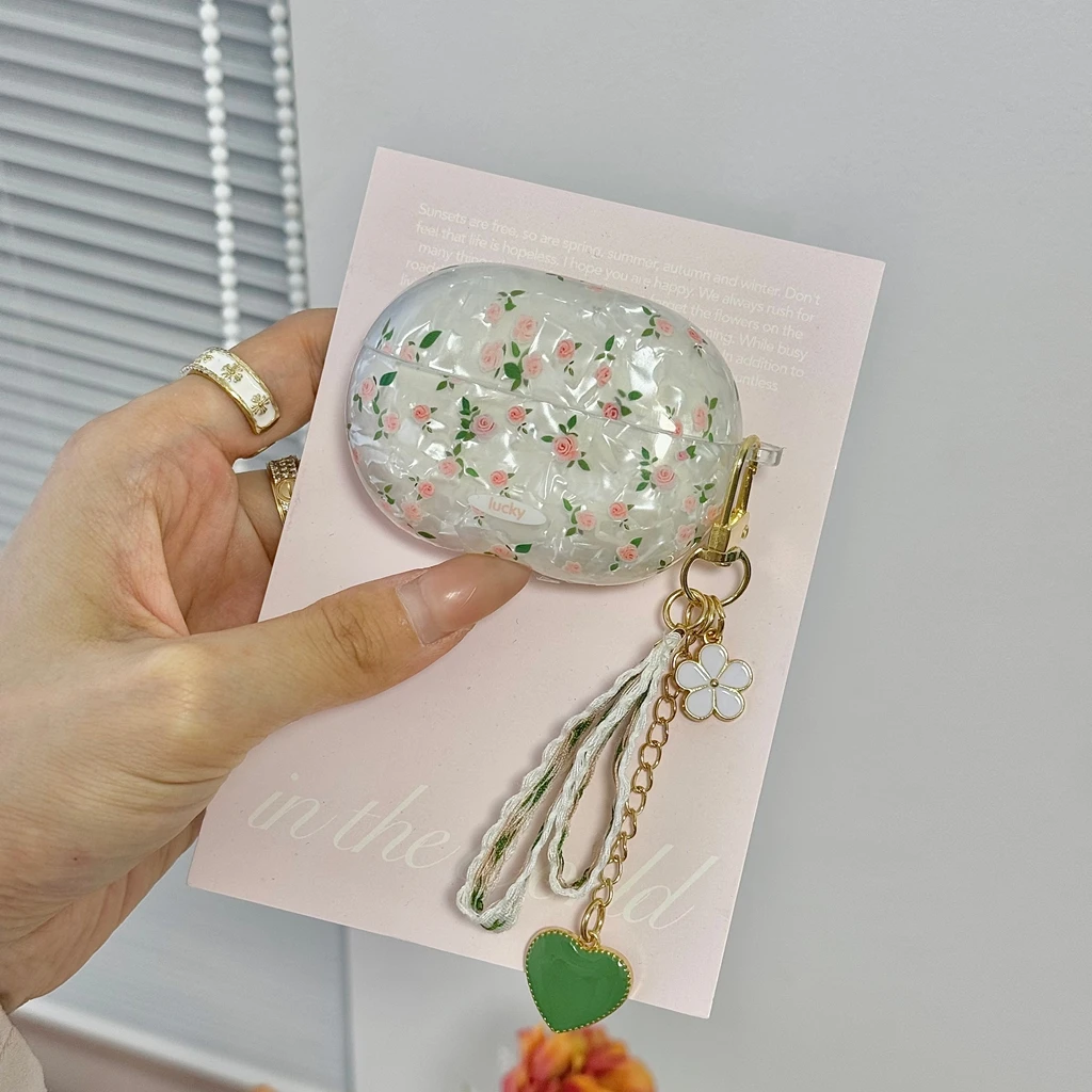Pink Rose Floral Shell Pattern With Lace Heart Pendant Earphone Cover Case for Huawei FreeBuds 7i 6i 5i SE3 Pro3/Pro4 FreeClip 2