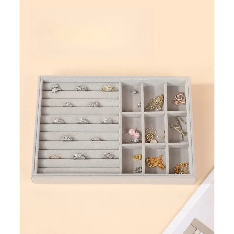 2PCS Grey Velvet Jewelry Box Large Capacity Jewellery Necklace Earring Display Tray Drawer Insert  Earring Ring Organizer Plate