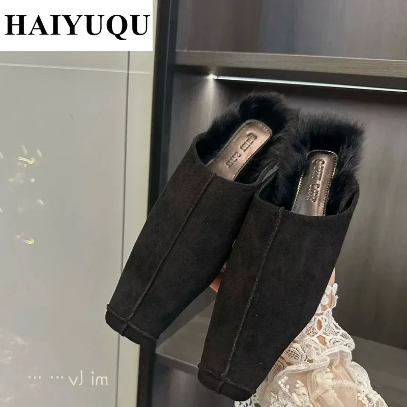 Luxury Furry Women Slippers Designer Mules Shoes Winter Suede Fur Slides 2025 Trend Square Toe Low Heels Plush Snow Botas Mujer