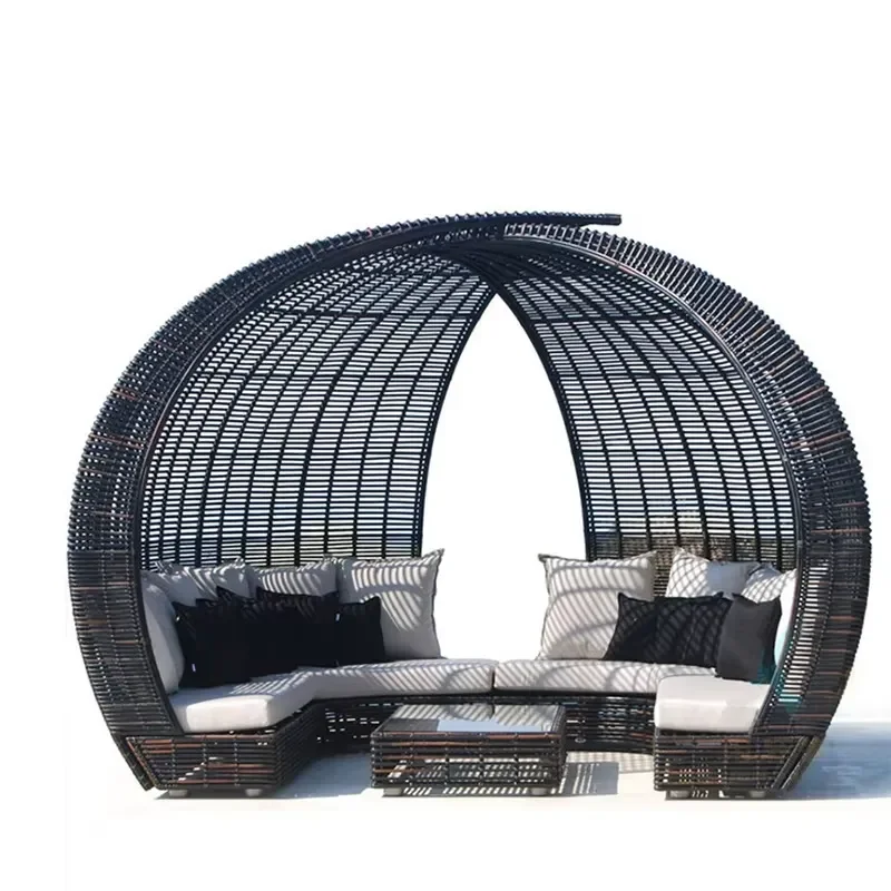 Classic Design Bird Nest Rattan Bed Outdoor Furniture Full Daybed Sofa Couch Outdoor Day Bed with Canopy