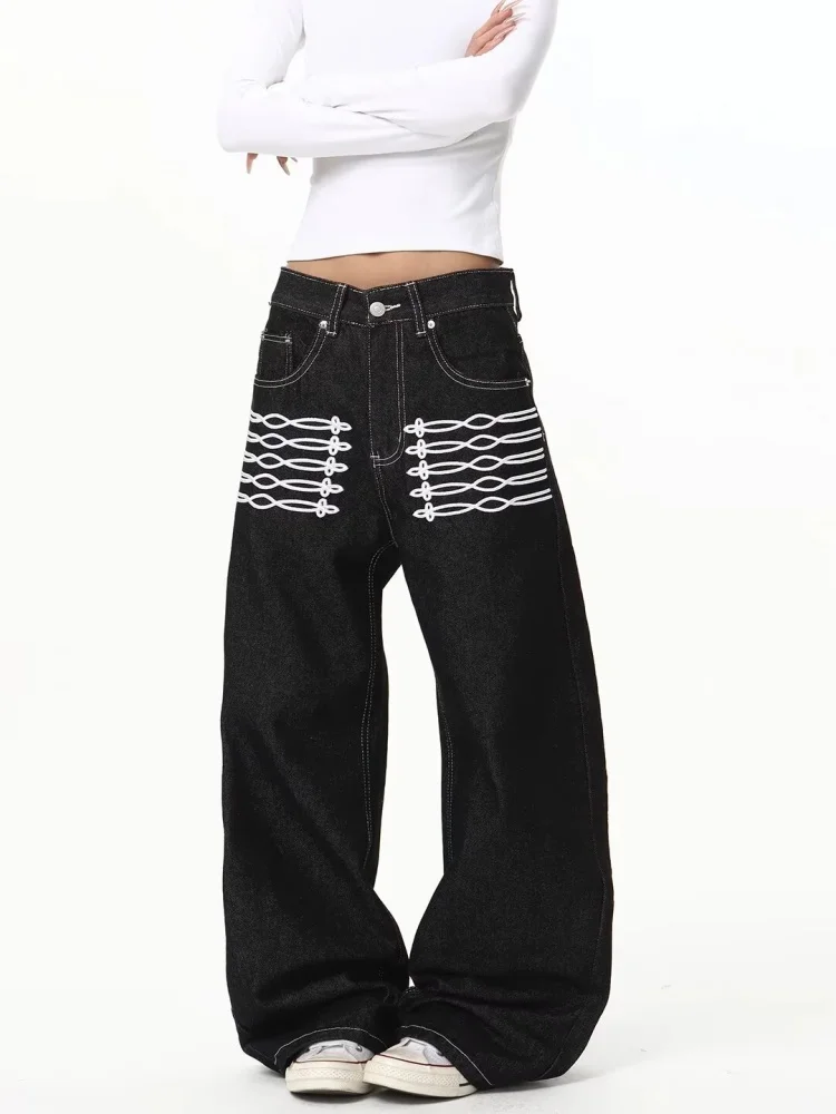 2026 Trend Y2K Style Ribbon Embroidery Design Black Baggy Women's Jeans Pants For Woman Clothing Straight Gothic Long Trousers