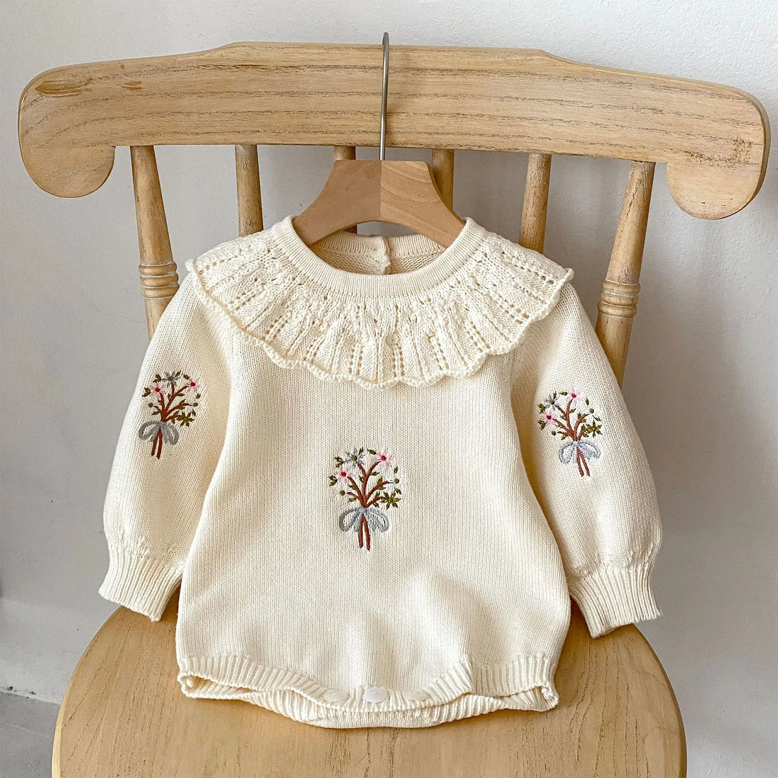 Baby Mädchen Baumwolle lässig Pullover gestrickt Stram pler Langarm Revers niedlichen Stickerei Bodysuit Frühling Herbst Kleidung täglich tragen