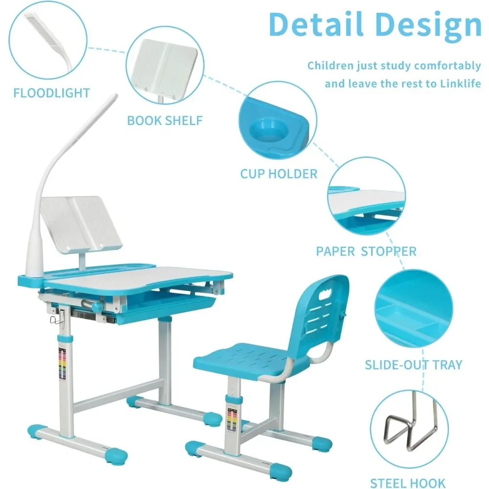 Mesa e cadeira multifuncionais para crianças, mesa ajustável em altura, com mesa inclinável, ganchos de metal, gavetas de armazenamento