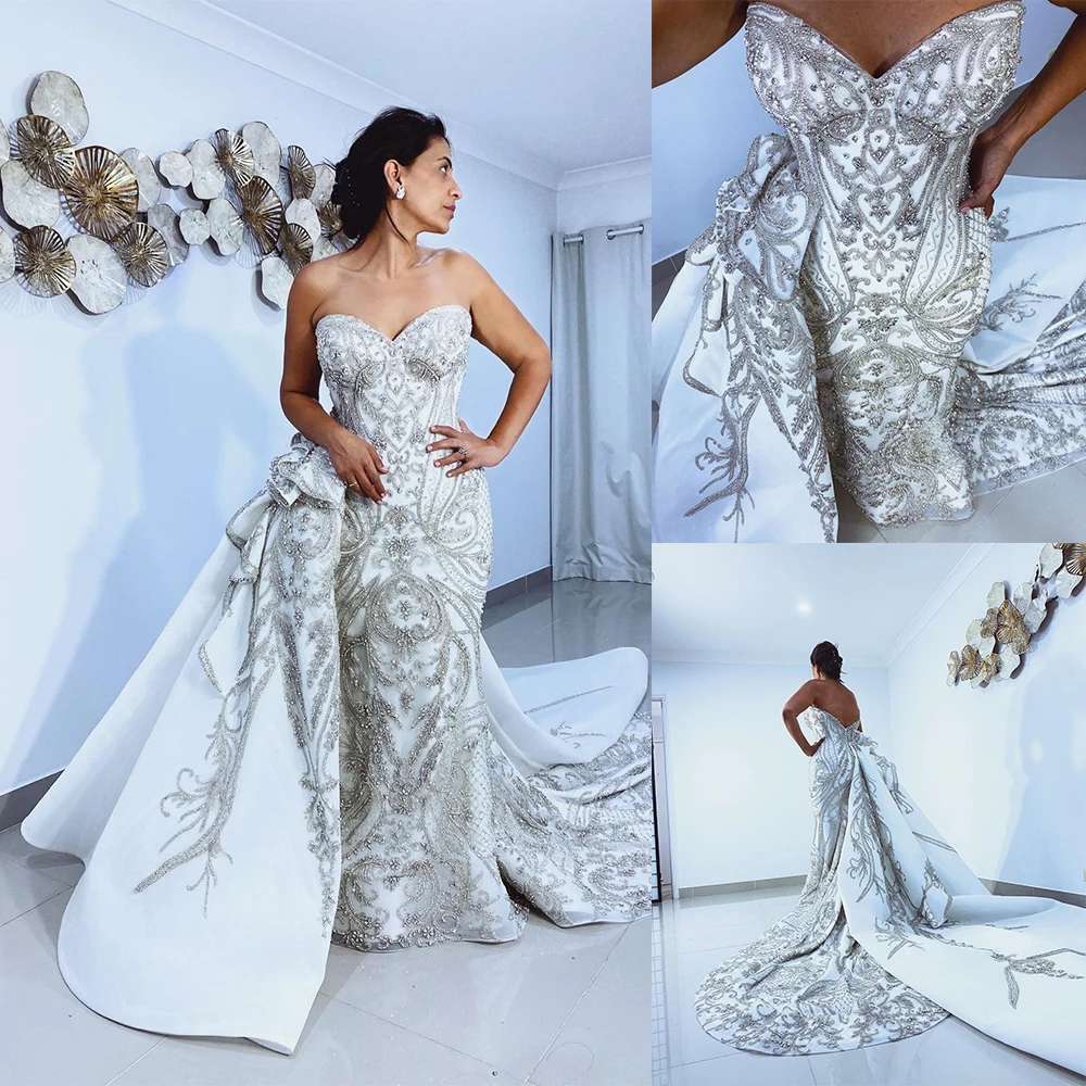 

Gorgeous Strapless Bridal Gowns Bead Wedding Dress Sweep Train Custom Mermaid With Overskirts Made Vestido de novia