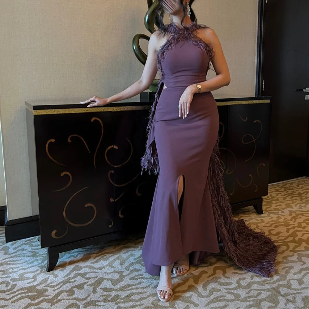 

Solid Color Elegant Evening Dresses for Women High Slit Sleeveless Sweep Train Feather Long Prom Party Gown فساتين مناسبة رسمية