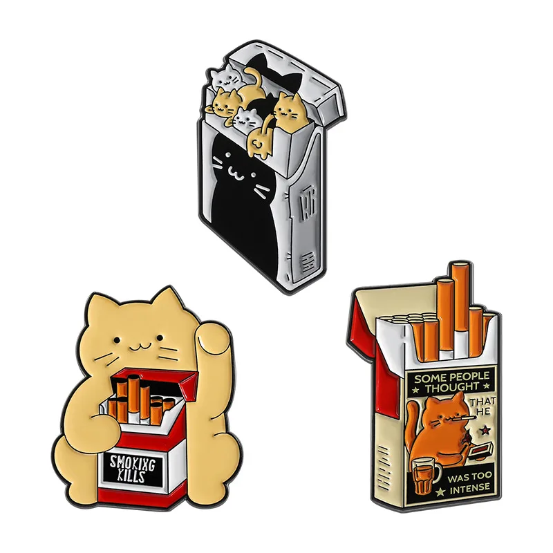 Super Cute Cat in Cigarette Box Enamel Pin ‌Smoking Kills Smoking Harm Slogan Brooches Lapel Badge Funny Jewelry Gifts Friends