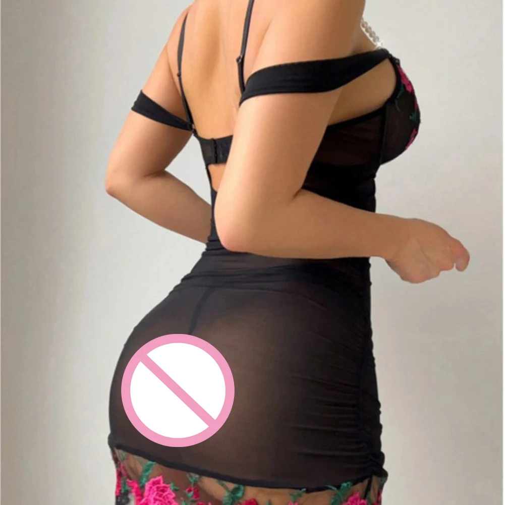 

Hot Sexy Women Embroidery Floral Nightdress Mesh Sheer Nightgown Spaghetti Strap Erotic Dress And Briefs Nightwear