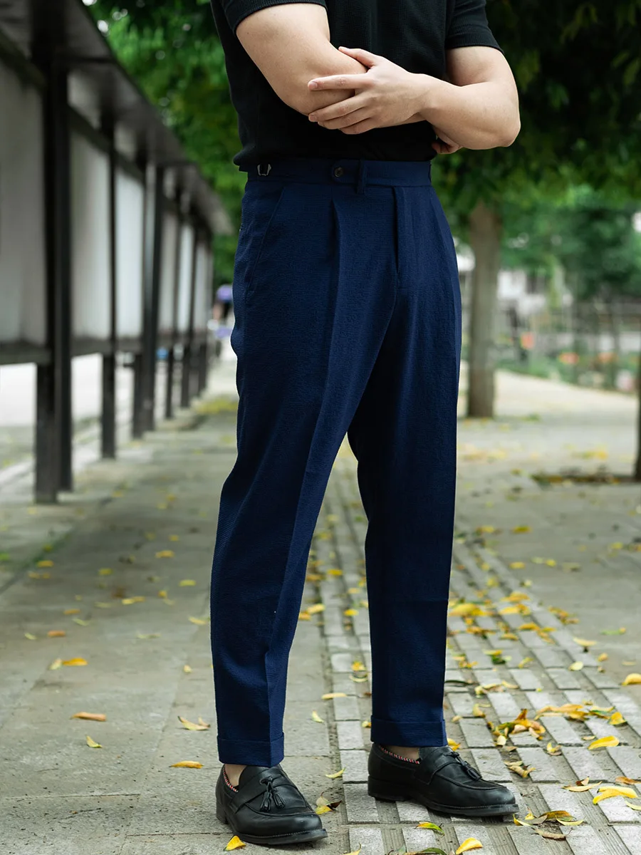 Italian casual Paris button business gentleman seersucker casual pants slim pants Cropped pants Ivy ivy