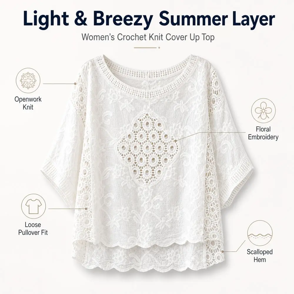 Floral Embroidery Crochet Cover Up White Openwork Knit Knit Cover Up Top Loose Fit Scalloped Hem Pullover Poncho Top view 3