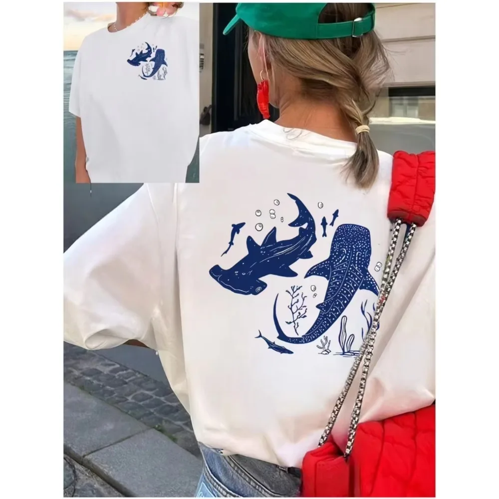 Front and Back Printed T-shirt Great White Shark Ocean Ecosystem Short Sleeve Summer Tops Women Casual Round Neck Classic Design