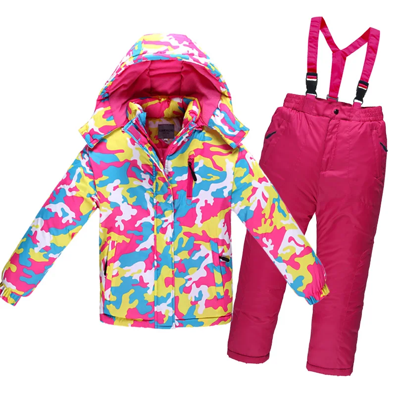 

-30 Degree Russian Winter Children Girls Ski Suit Thick Warm Waterproof Windproof Hooded Jacket Overalls Suit Kid Girls Snowsuit