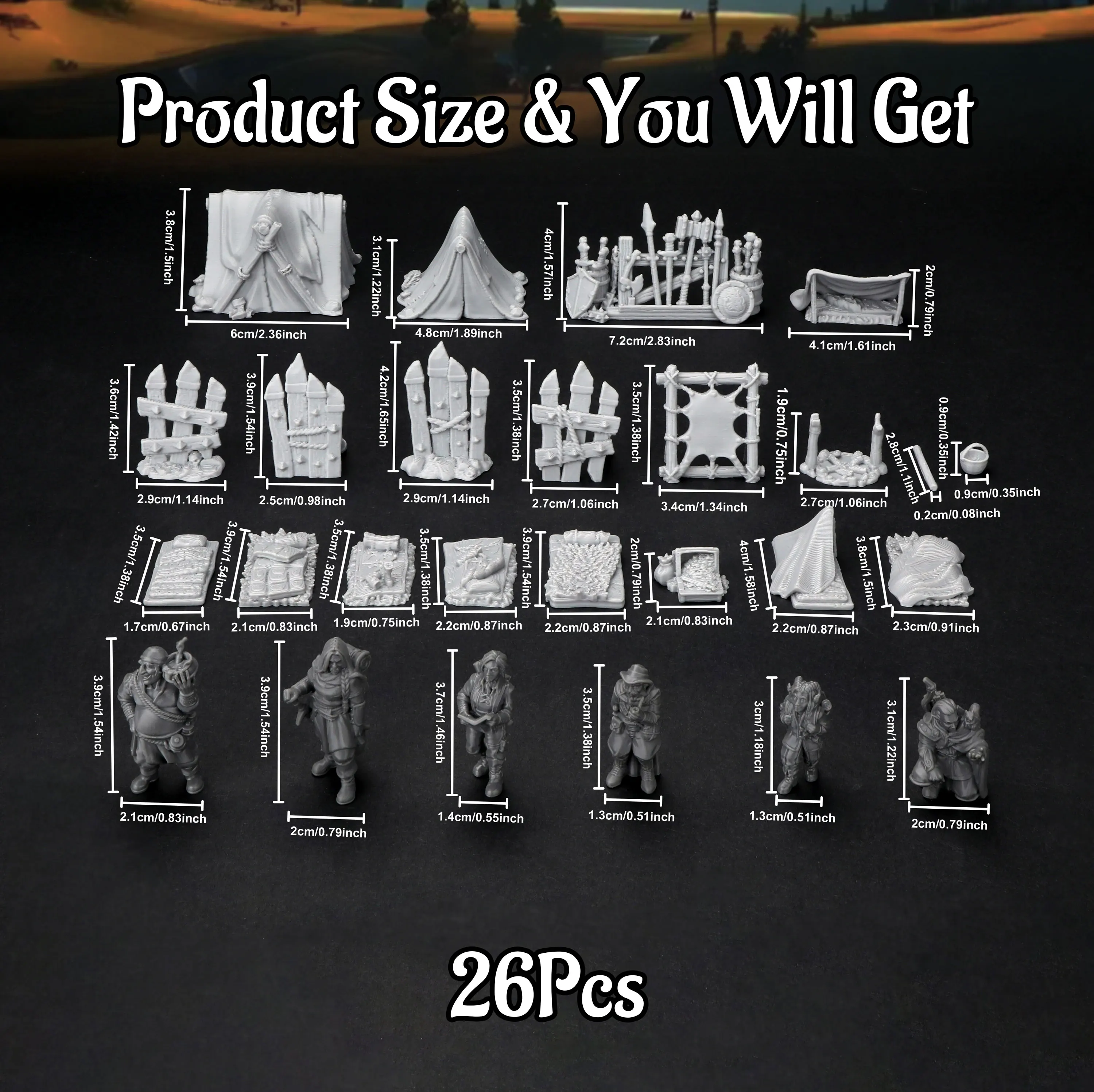 RPG Camp Terrain Set - Adventurer's Outdoor Terrain & Mini Figures, 28mm Scale RPG Accessories, Collectible Gift for TTRPG Fans