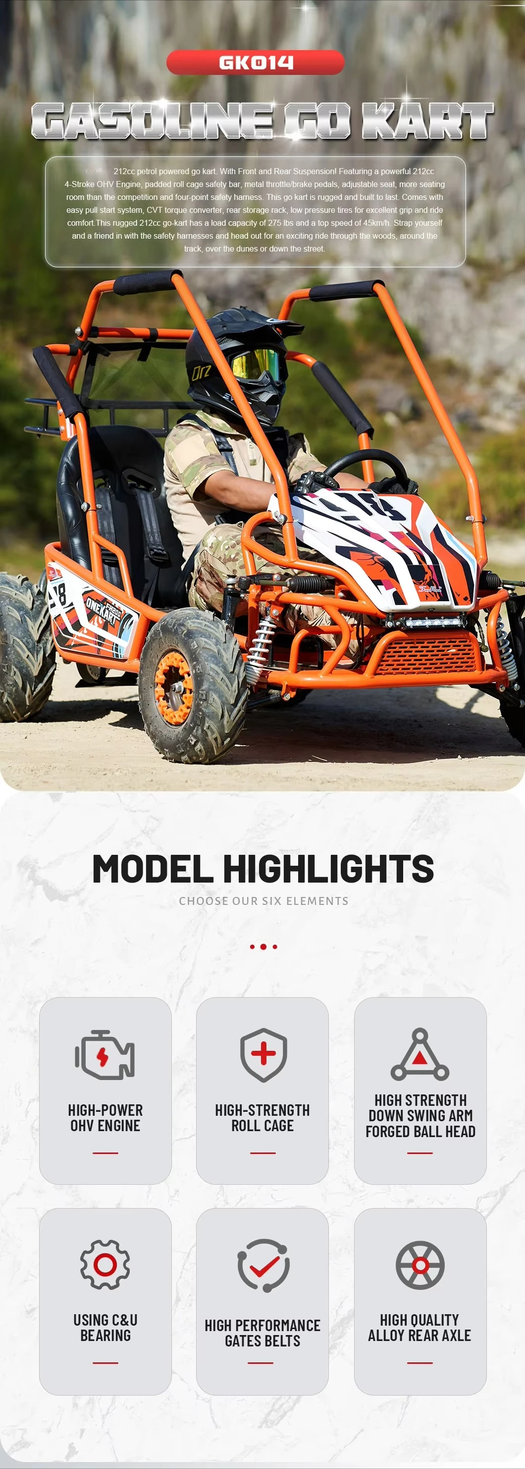 Adult High Speed Off Road Go Kart 196cc 4 Stroke 65HP High Torque Engine with Hydraulic Brakes for Outdoor Adventure Sports