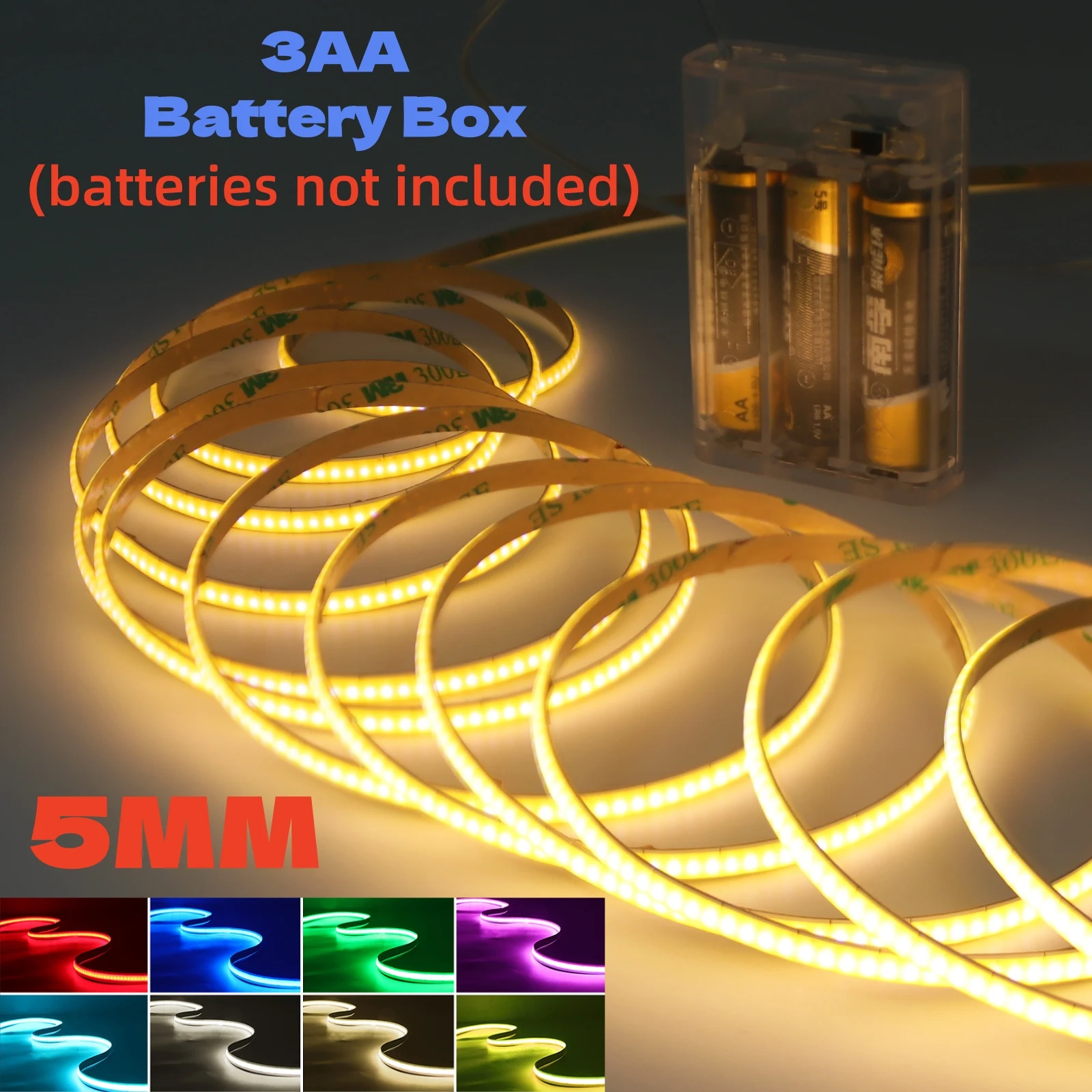 5MM COB LED Strip Light With 3AA Battery Box 320LEDs/M Flexible Ribbon Self-adhesive Tape Lamp RA90 High Density Linear Lighting