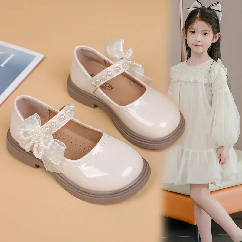 

2025 Autumn New Children Flat Shoes Round Toes Capped Kids Leather Shoes Sweet Lace Bows Girls Princess Shoes Non-slip Soft Sole