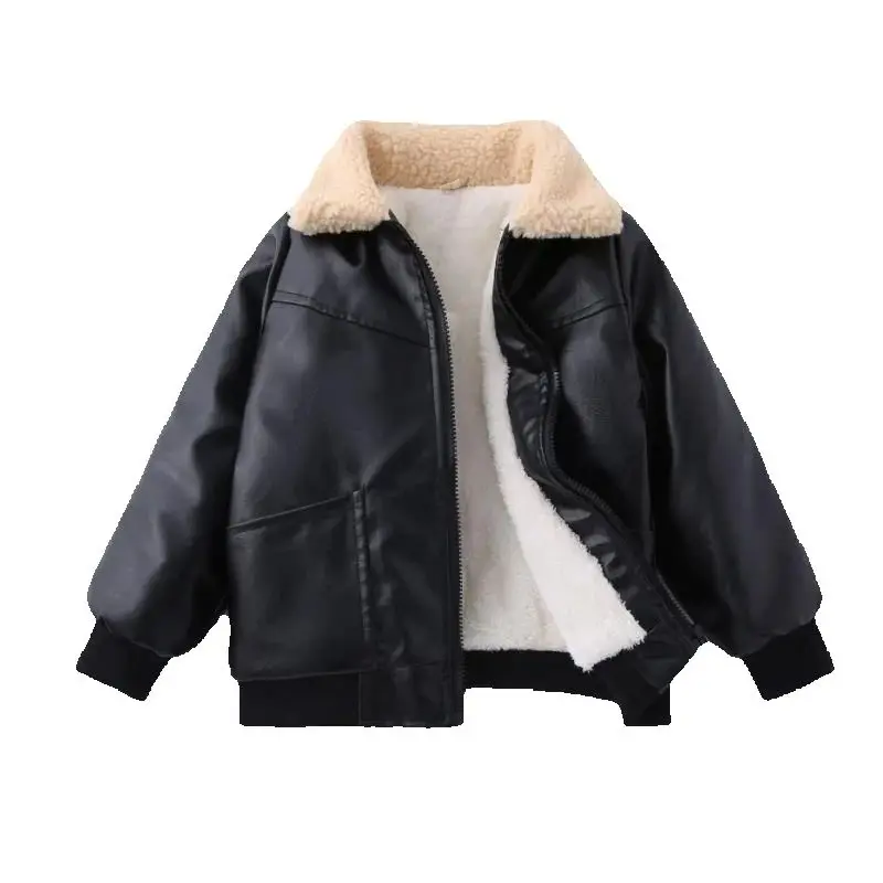 Children's coat 2025 new autumn winter boys' Plush thickened casual Lapel zipper PU leather jacket 3-12 years old
