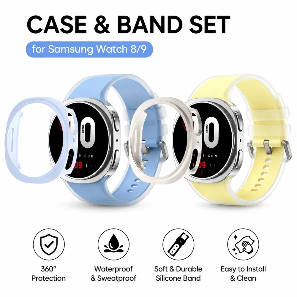 2-in-1-Schutzhülle + Armband für Samsung Galaxy Watch 8 9 40 mm 44 mm, Displayschutz aus Glas/hohler Schutzrahmen, Sport-Silikonarmband für Galaxy Watch 9/8 – Detail 3