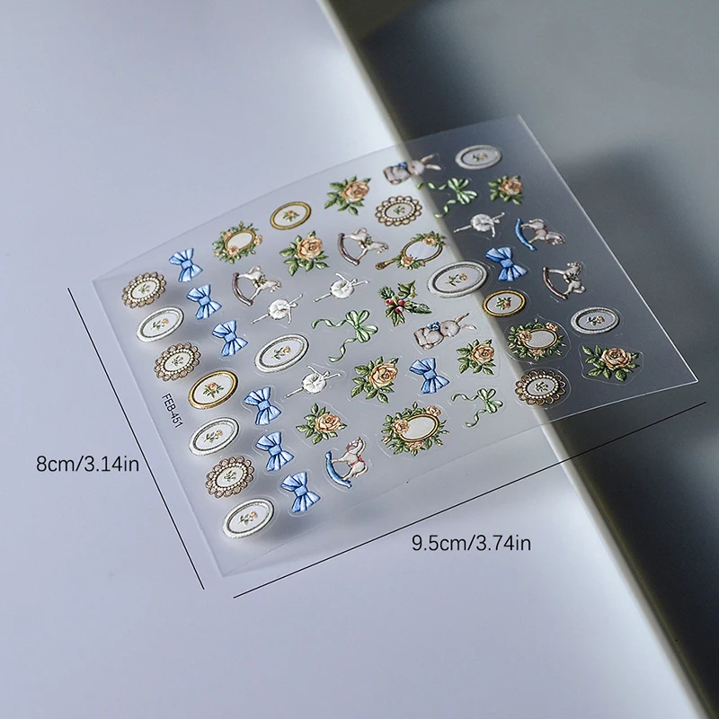 Rose Foto rahmen schöne Kaninchen weich geprägte Reliefs selbst klebende Nail Art Aufkleber niedlichen Bowknot Maniküre Aufkleber