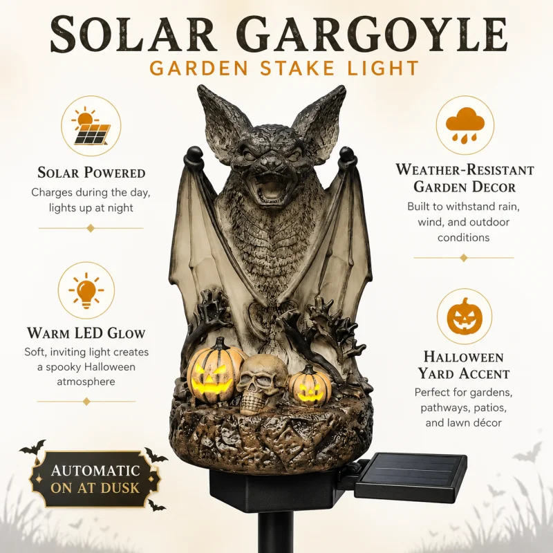 Gothic Vampire Bat Sculpture Solar Powered Ground Light Warm LED Jack-o-Lantern Statue Lawn Flower BedCourtyard Pathway Ornament