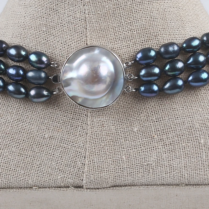 Three Rows Necklaces 925 Sterling Silver 6.5-7.5mm Natural Black Freshwater Rice Pearl Necklace