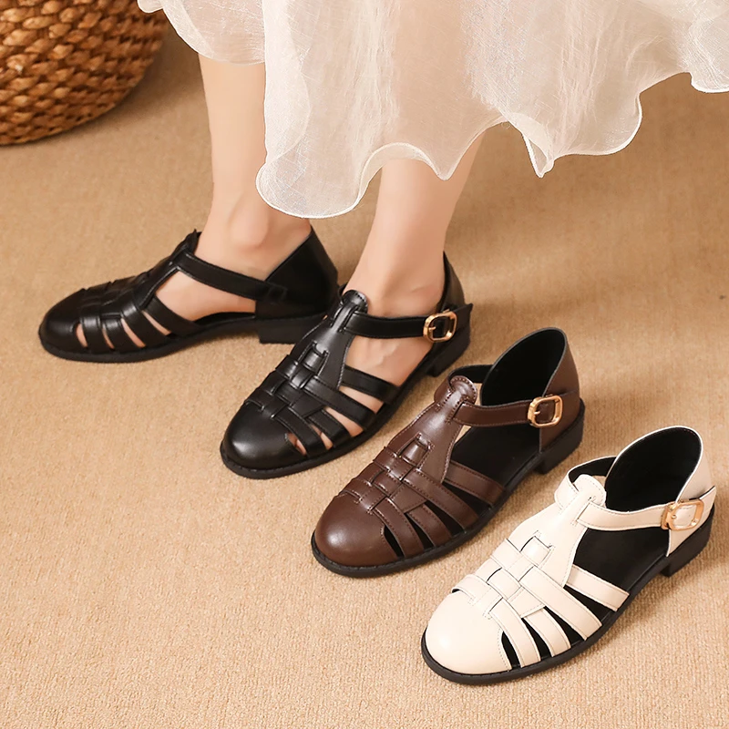 

Новинка 2023 года, женские сандалии на плоской подошве, с круглым носком, с пряжкой и ремешком, обувь с узким ремешком, женское платье, однотонные дышащие туфли в римском стиле ретро