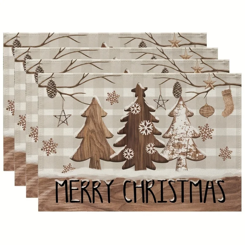 Farmhouse Wooden Christmas Tree Print Linen Placemats, Plaid Background Pine Cone Snowflake Star Pattern Table Mats