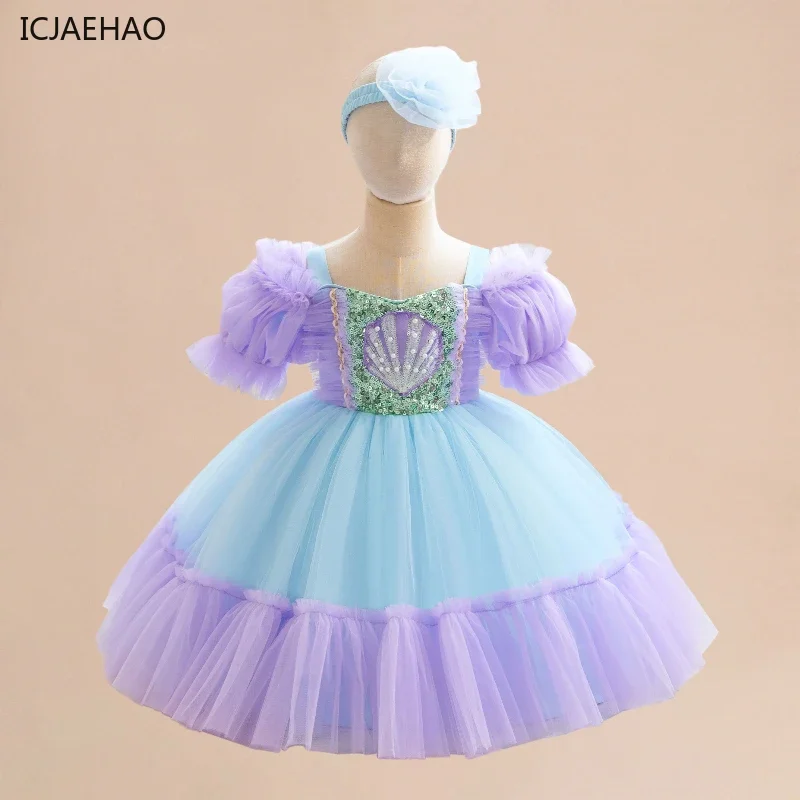 Girls Little Mermaids Dress Puff Sleeve Tulle Prom Mermaid Evening Prom Costumes Cosplay Birthday Baptism Party Outfit Vestidos