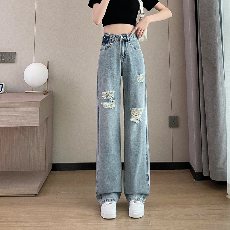 

Ripped Jeans Women's Straight Loose 2024 New High Waist Pants Korean Fashion Summer Japanese 2000s Style Y2k Dongdaemun Clothing