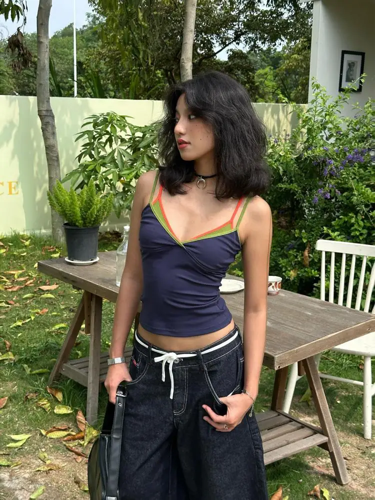 Yedinas streetwear 패치 워크 캐미솔 민소매 티셔츠 홀터 탑 2000 년대 의류 y2k 슬림 편안한 한국어 camis 여름 세련된