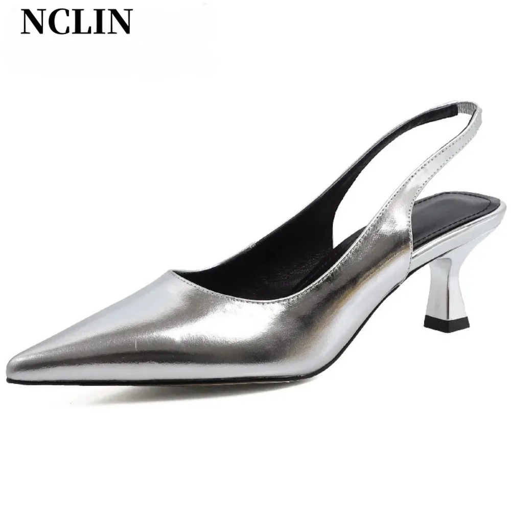 

NCLIN Women Sandals Sexy Fashion Spring Summer Party Prom Genuine Leather Slingbacks Pumps Pointed Toe High Heels Shoes Woman