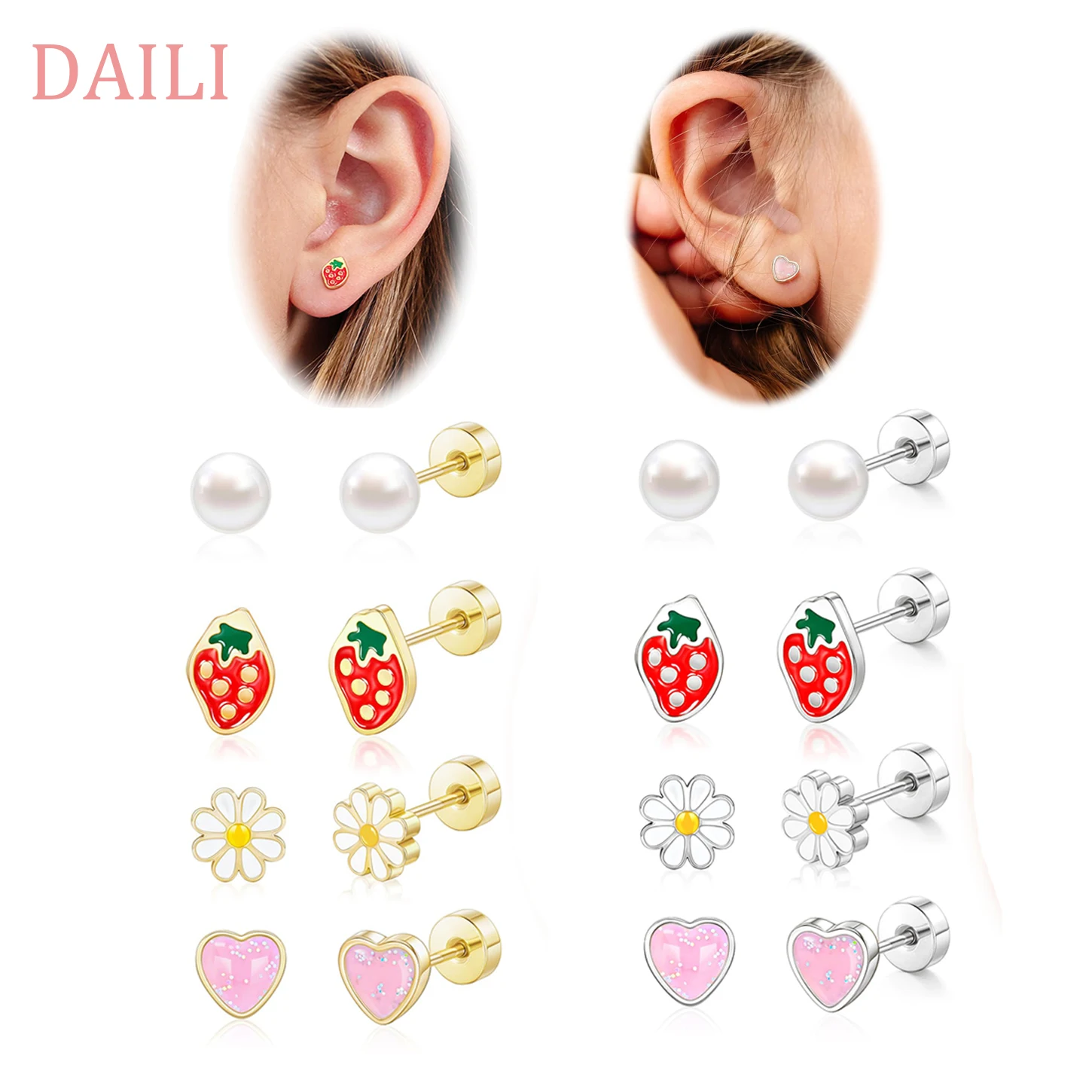 14k Gold Plated Stud Earrings for Women, Cute Small Pearl Flower Pink Heart Strawberry 316L Stainless Steel Stud Earrings Set
