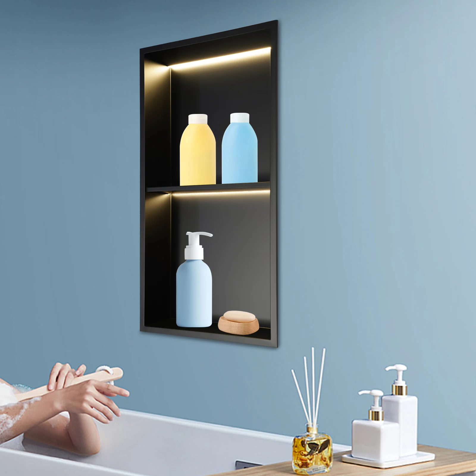 

Встраиваемая ниша для душа 12x24 дюйма из нержавеющей стали с LED-подсветкой, водонепроницаемый настенный шкафчик для душа из нержавеющей стали 304