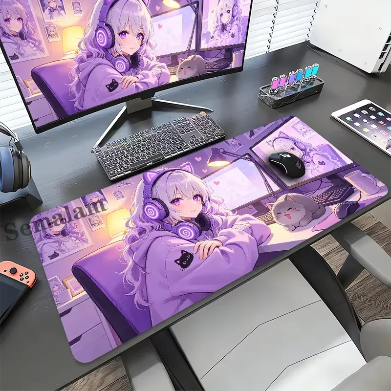 Kawaii Angel Sweet Cool Girl Pink Winged Cat PU Leather Mouse Pad E-sports Game Keyboard OfficeStudent Desktop Decoration