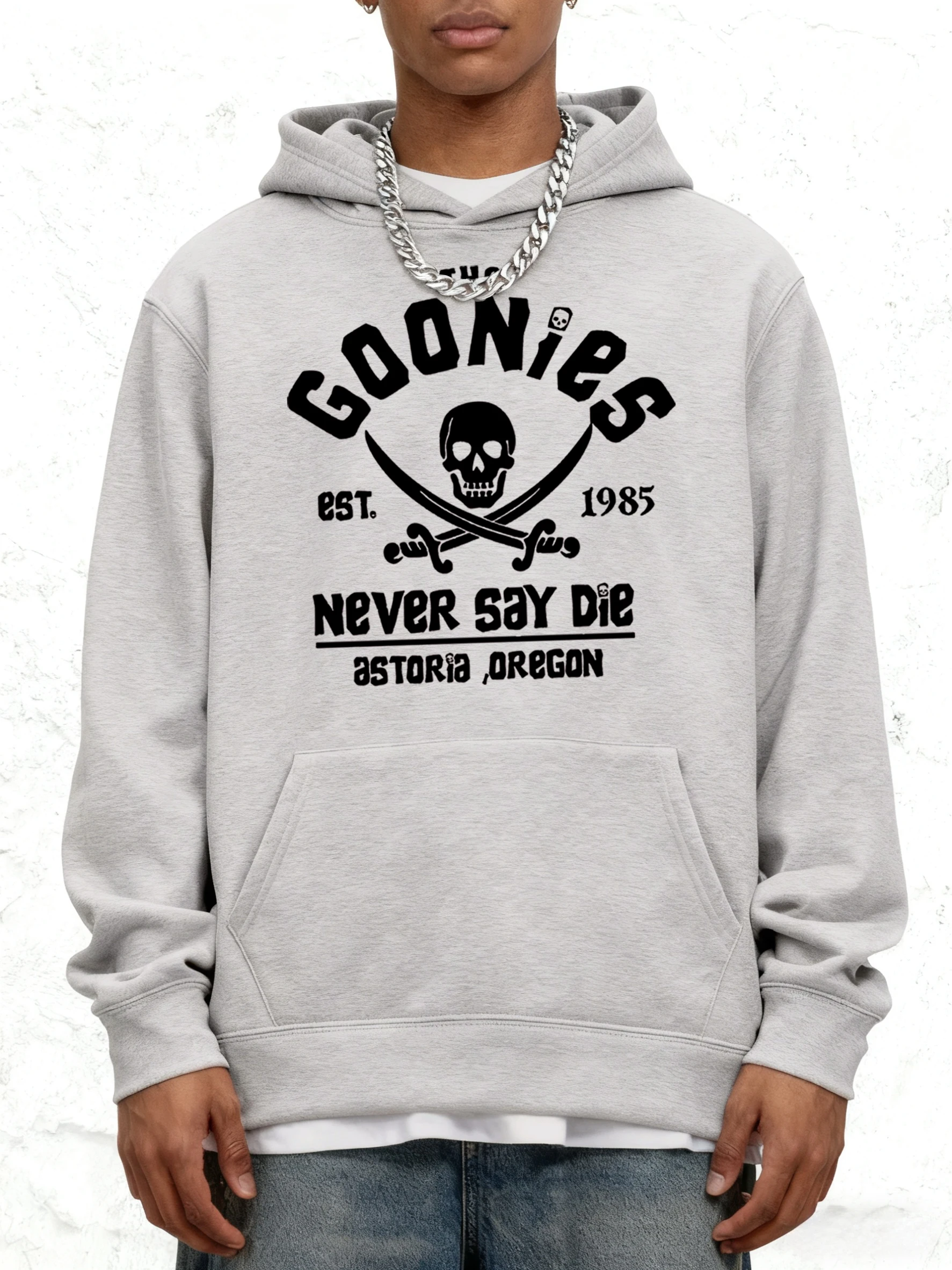 Distressed Goonies Never Say Die Herren Basics Hoodies Fleece Herbst Hoody Lässig Lose Langarm Mode Unisex Taschenkleidung