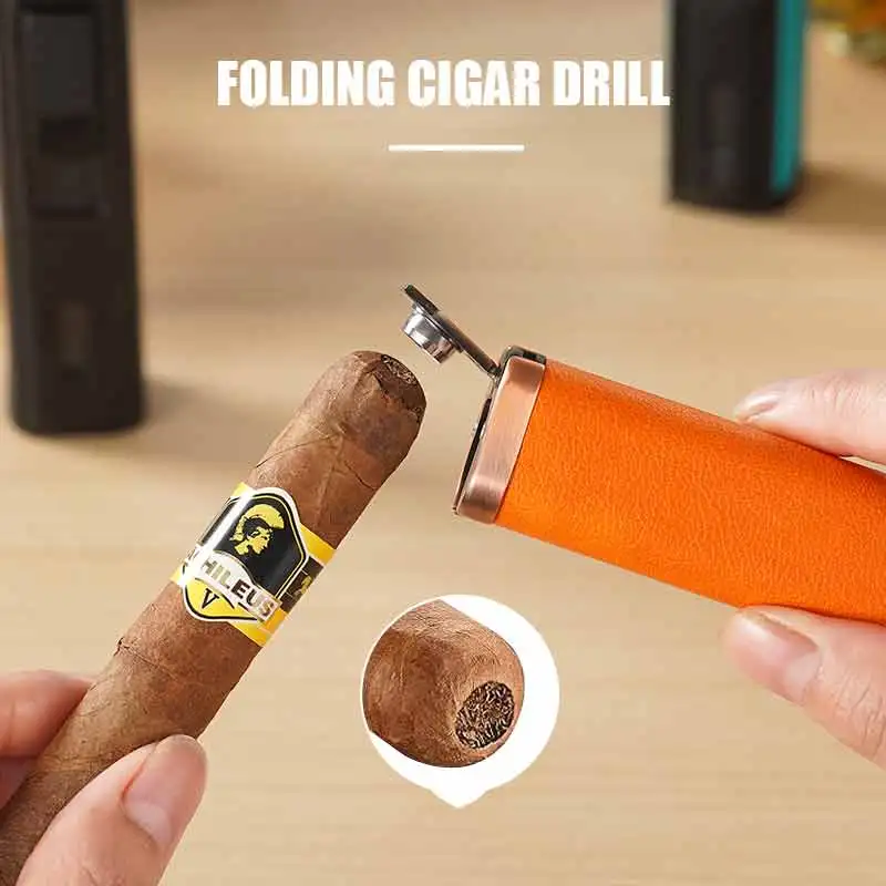 Three Blue Flame Cigar Lighter Bottom Folding Cigar Cutte Cigar Needle Visual Gas Window Leather Craft Ignition Tool