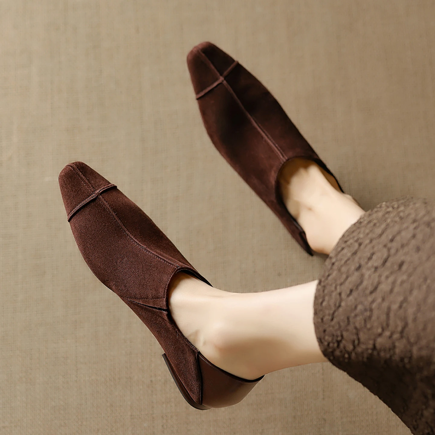 2026 spring summer women pumps natural leather 22-25cm kid suede+sheepskin+pigskin square toe low heel mixed color women shoes view 6